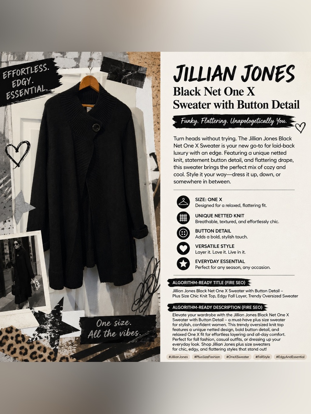 Jillian Jones Black/Knit Sweater 1X / Button Detail Oversized Cozy Chic Boho